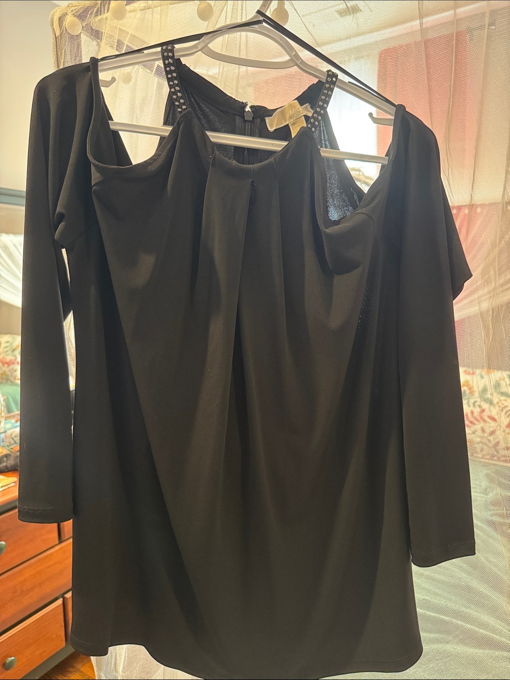 Michael Kors Women’s Black Cold-Shoulder Blouse with Studded Neckline